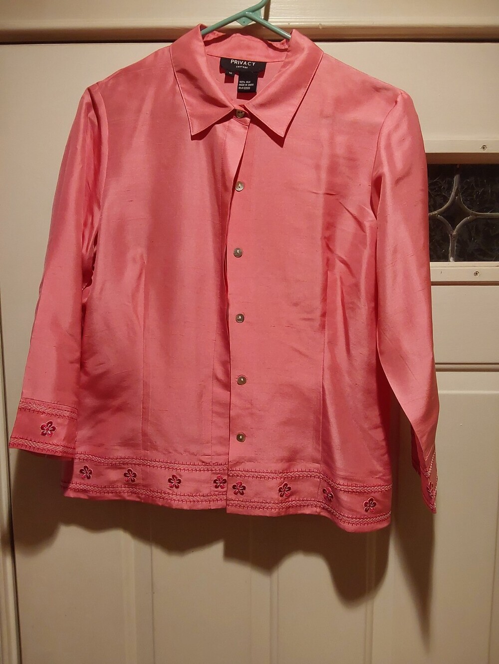 Privacy Please Coral Pink Button-Front Embroidered Hem Jacket